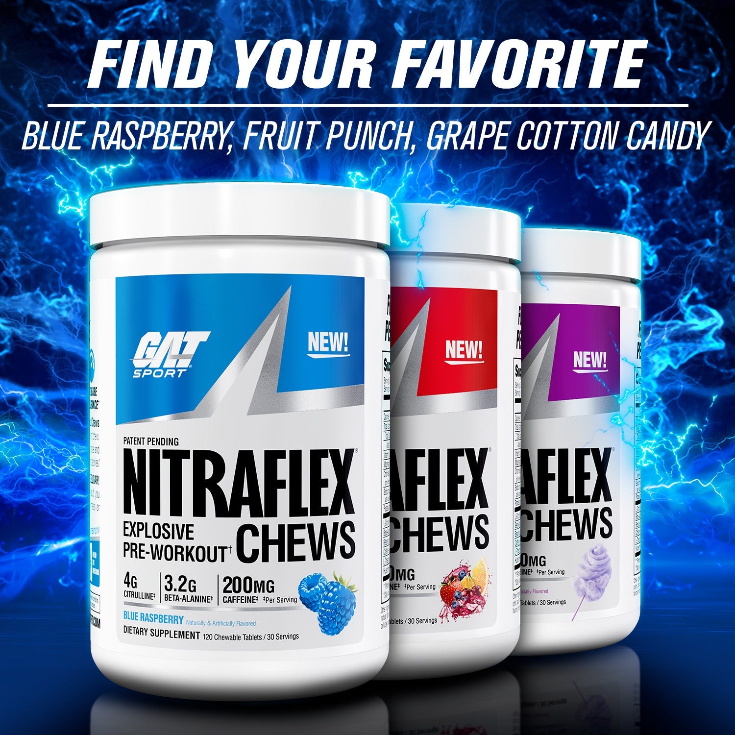GAT Sport Nitraflex Chews Grape Cotton Candy lifestyle flavour lineup