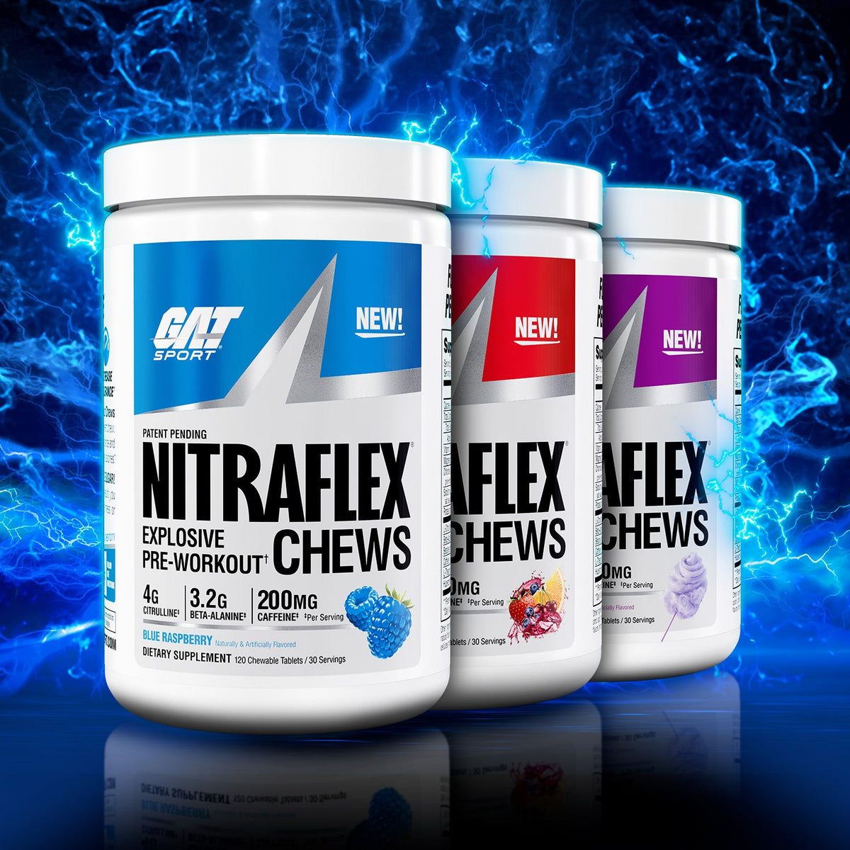 GAT Sport Nitraflex Chews Blue Raspberry lifestyle flavour lineup