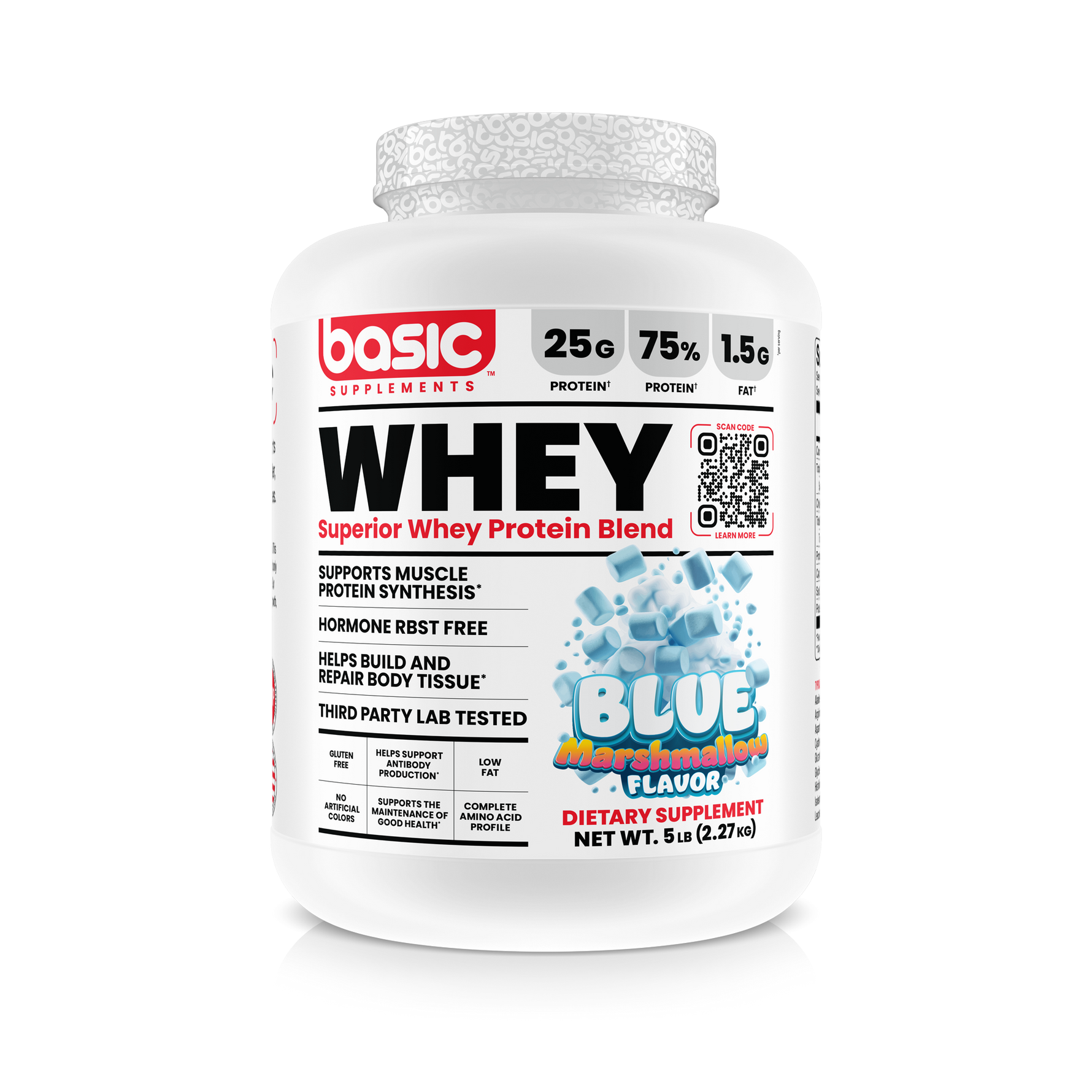 Basic Supplements Whey Blue Marshmallow 5lb front of pack