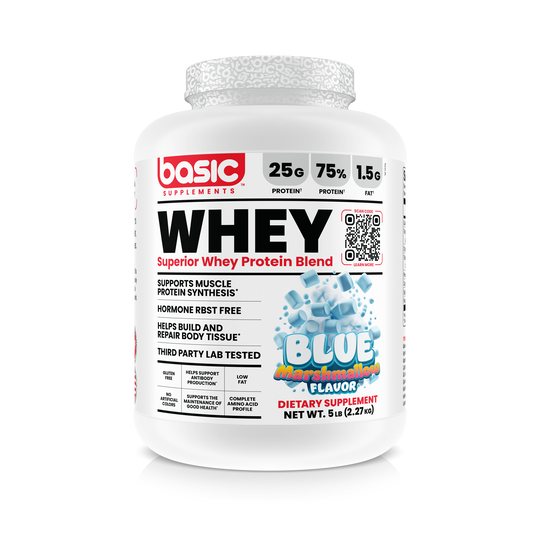Basic Supplements Whey Blue Marshmallow 5lb front of pack