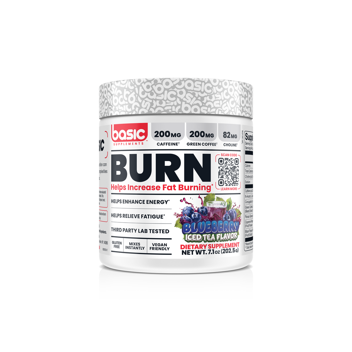 Basic Supplements Burn Blueberry Iced Tea front of pack