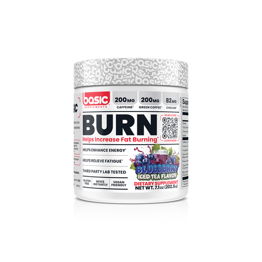 Basic Supplements Burn Blueberry Iced Tea front of pack