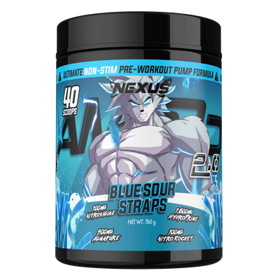 Nexus AMP3D 2.0 stim free pre-workout, Blue Sour Straps powder, 760g, NZ Supps