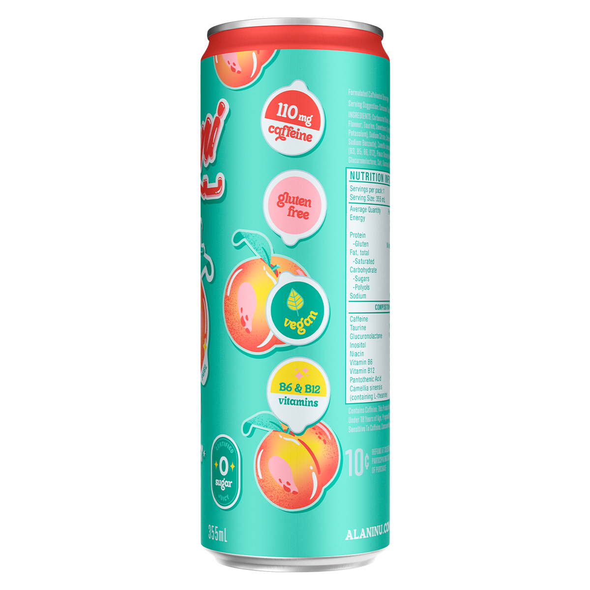 Alani Nu Alani Energy, Juicy Peach — side of pack