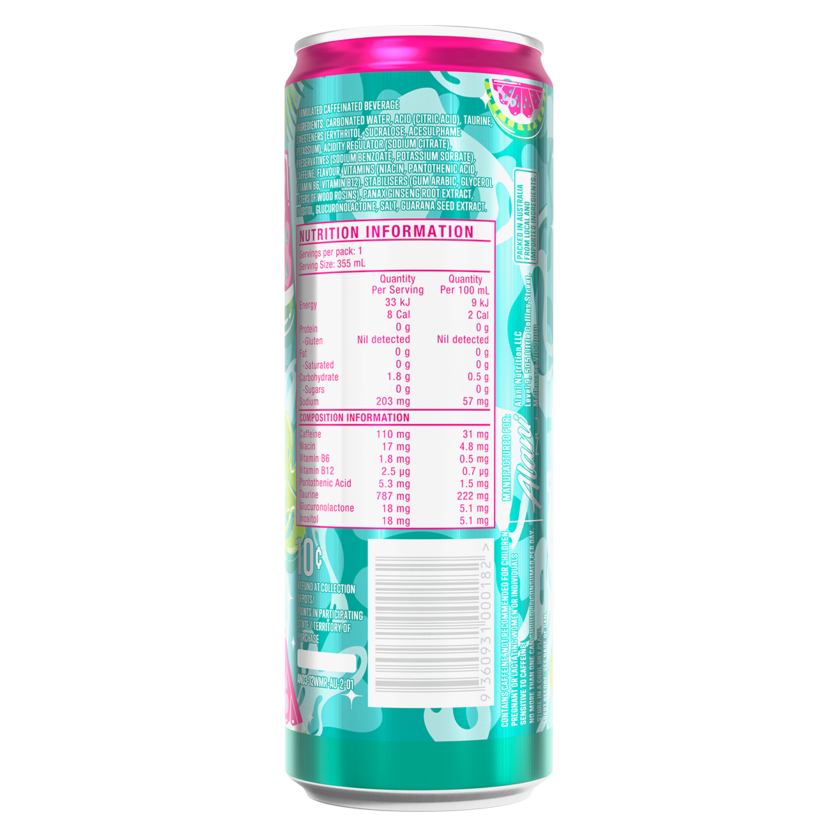 Alani Nu Alani Energy Watermelon supplement facts and nutrition panel