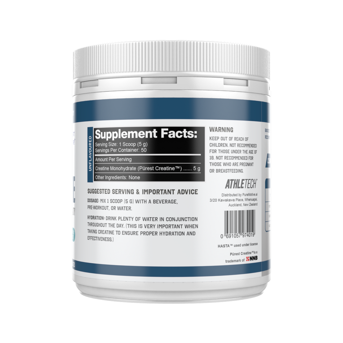 Athletech Purest Creatine Monohydrate supplement facts and nutrition panel