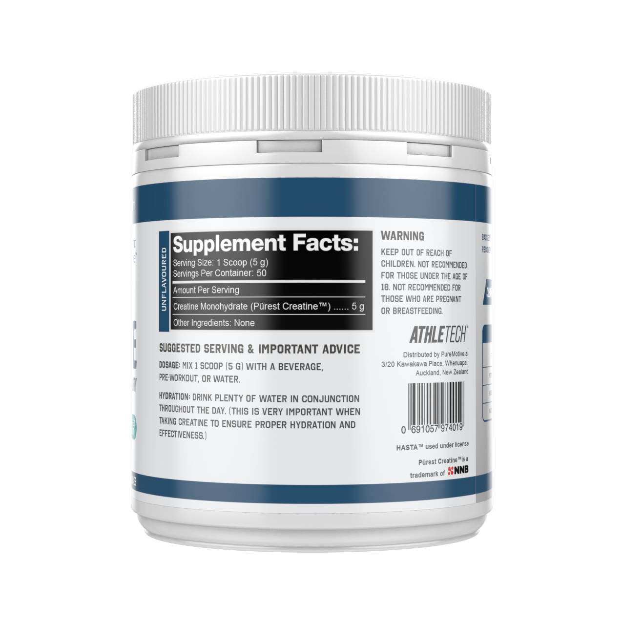 Athletech Purest Creatine Monohydrate supplement facts and nutrition panel