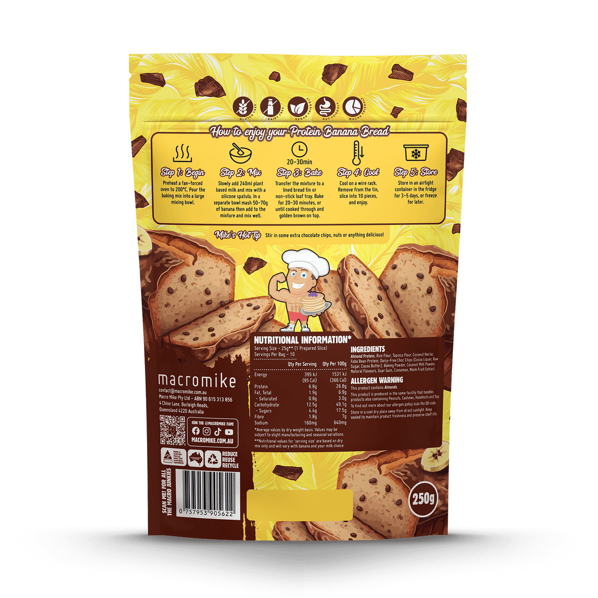 Macro Mike Baking Mix Choc Chip Banana Bread supplement facts and nutrition panel