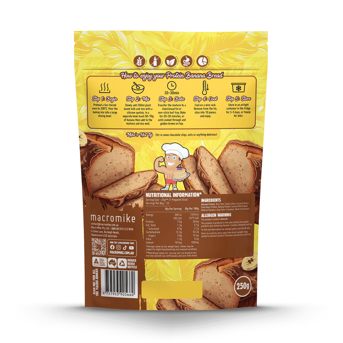 Macro Mike Baking Mix Original Banana Bread supplement facts and nutrition panel