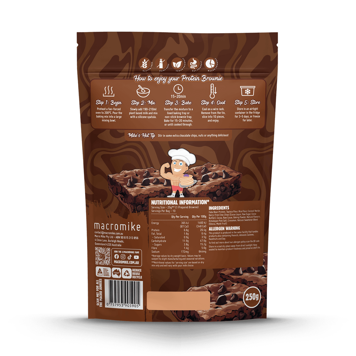 Macro Mike Baking Mix Double Choc Chip Brownie supplement facts and nutrition panel