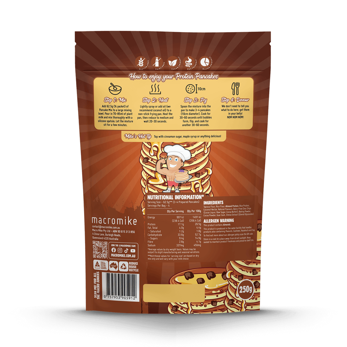 Macro Mike Baking Mix Double Choc Chip Pancake supplement facts and nutrition panel