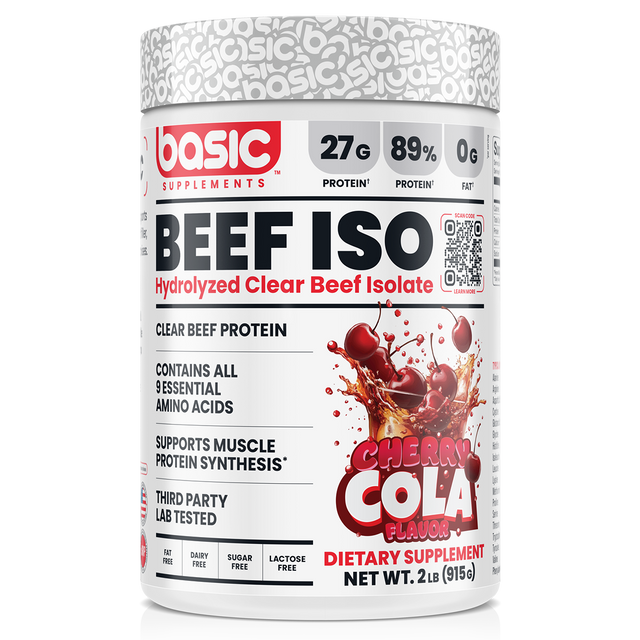 Basic Supplements Beef Isolate whey protein powder, Cherry Cola, 908g, NZ Supps