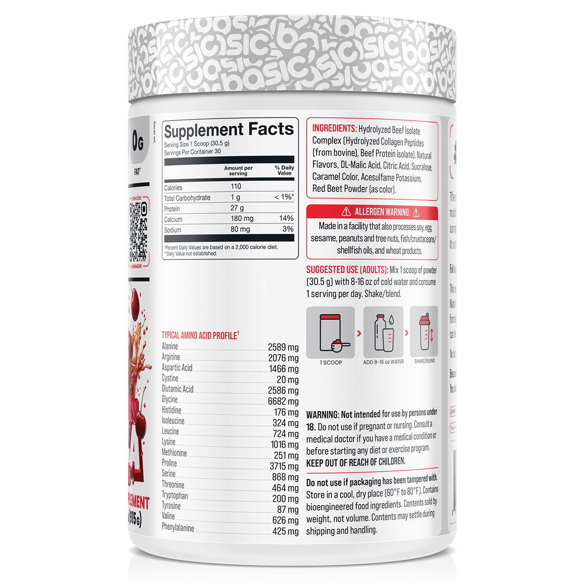 Basic Supplements Beef Isolate Cherry Cola supplement facts and nutrition panel