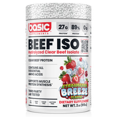 Basic Supplements Beef Isolate whey protein powder, Strawbeery Breeze, 2lb 908g powder, NZ Supps