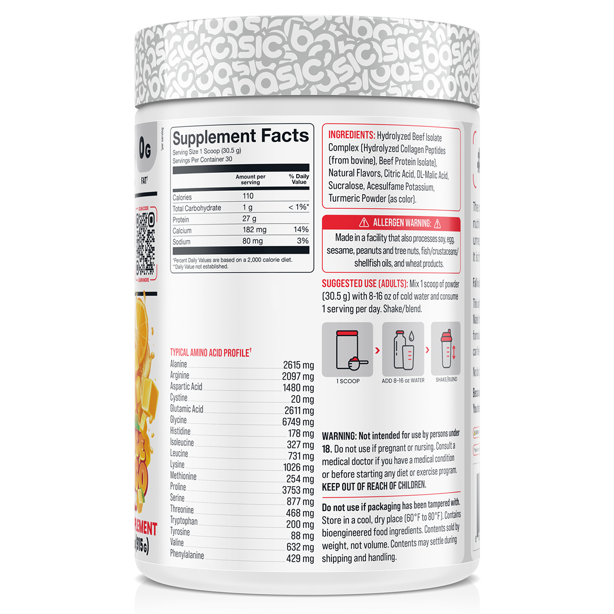Basic Supplements Beef Isolate Tropical Orange Mango supplement facts and nutrition panel
