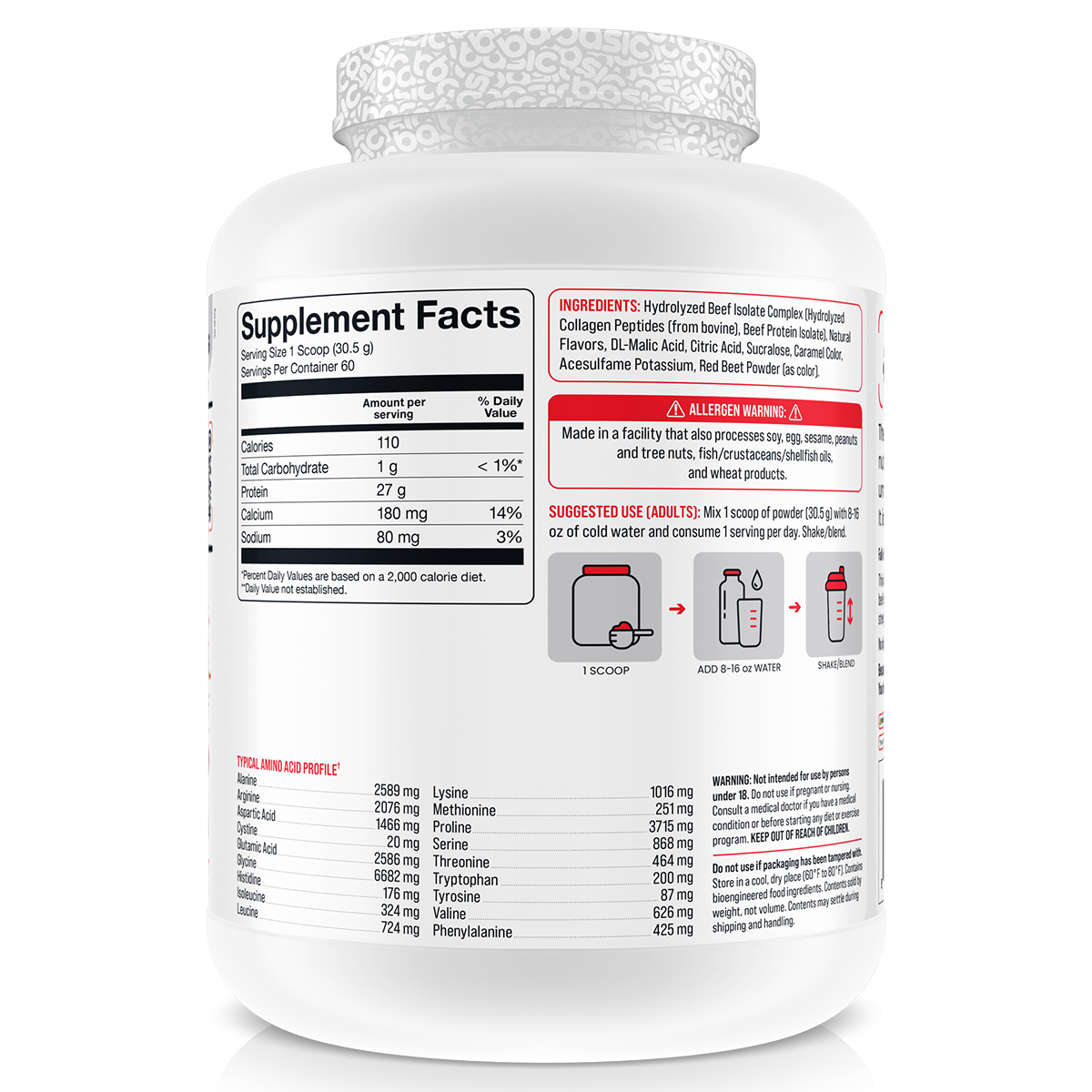 Basic Supplements Beef Isolate Cherry Cola supplement facts and nutrition panel
