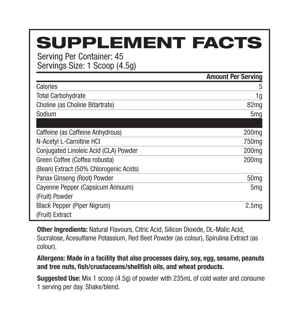 Basic Supplements Burn Blueberry Ice Tea supplement facts and nutrition panel