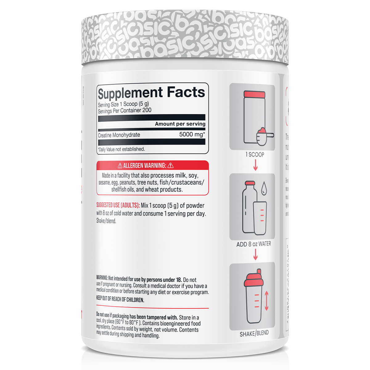 Basic Supplements Creatine supplement facts and nutrition panel