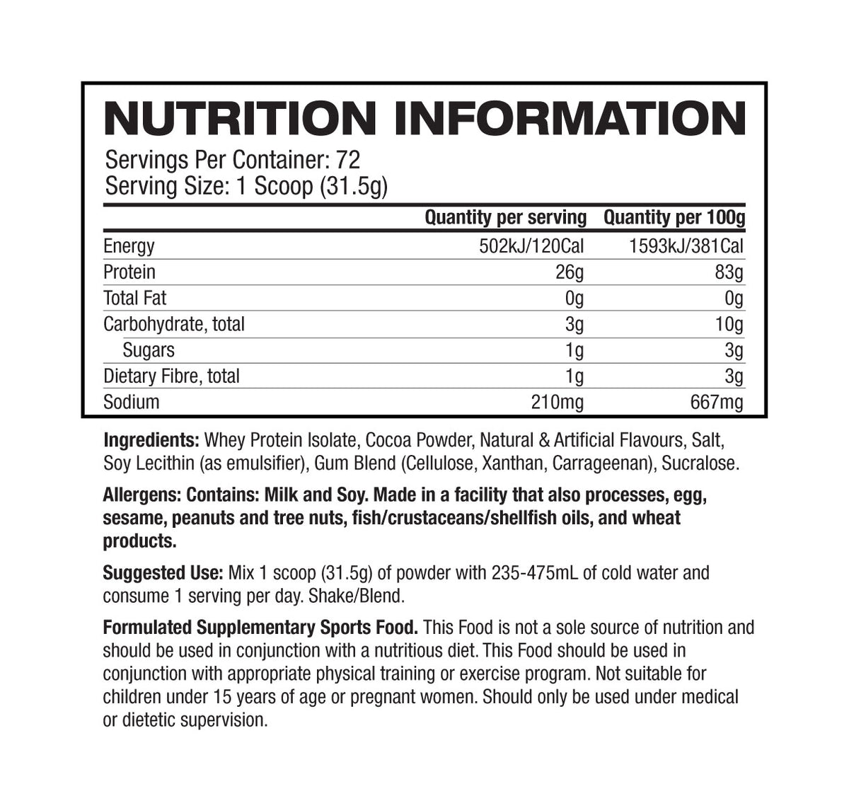 Basic Supplements Isolate Chocolate supplement facts and nutrition panel