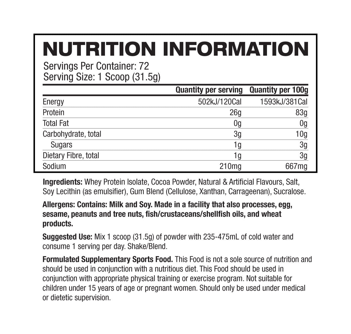 Basic Supplements Isolate Chocolate supplement facts and nutrition panel