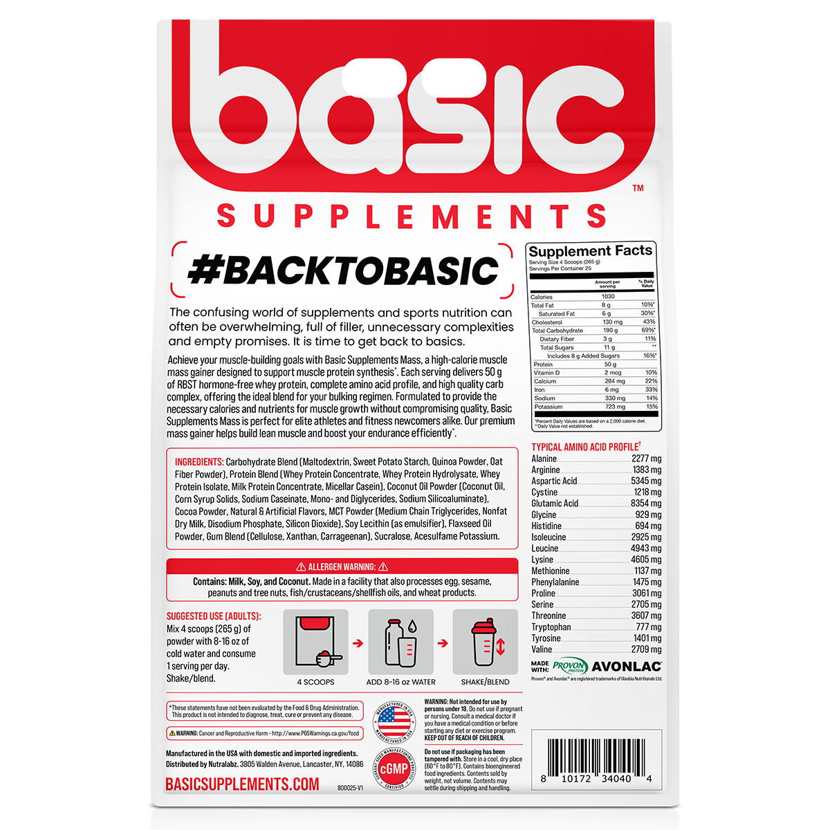 Basic Supplements Mass Gainer, Chocolate — back of pack