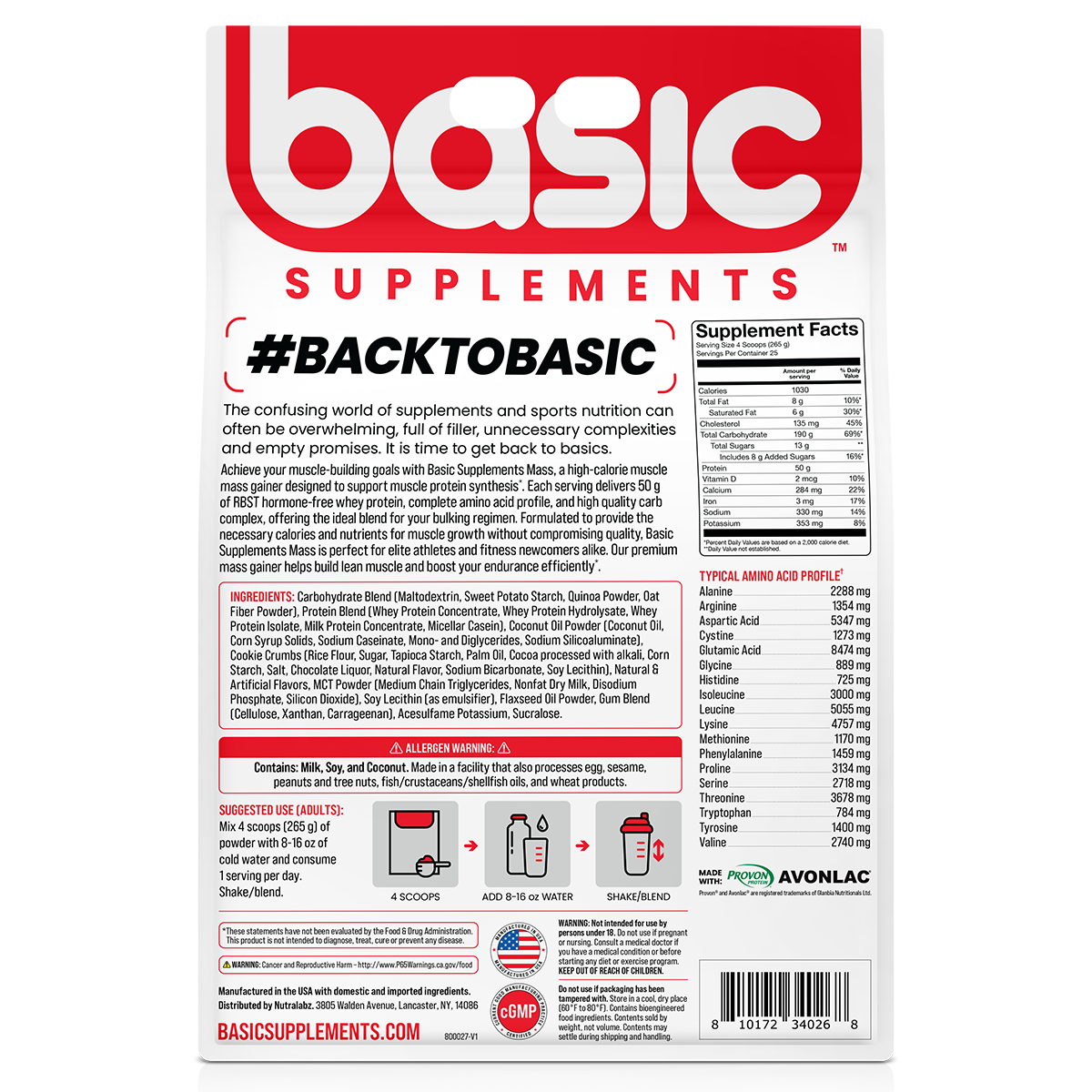 Basic Supplements Mass Gainer, Cookie N Cream — back of pack