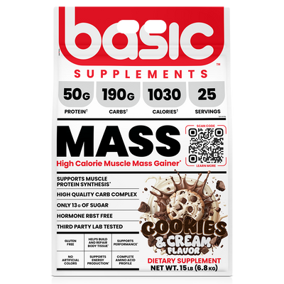 Basic Supplements Mass Gainer whey protein powder, Cookie N Cream powder, 6.8kg, NZ Supps