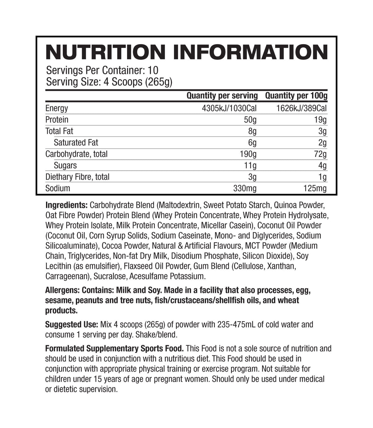 Basic Supplements Mass Gainer Chocolate supplement facts and nutrition panel