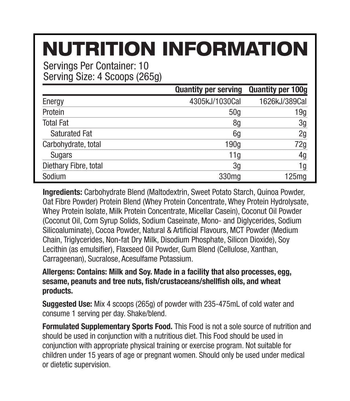 Basic Supplements Mass Gainer Chocolate supplement facts and nutrition panel