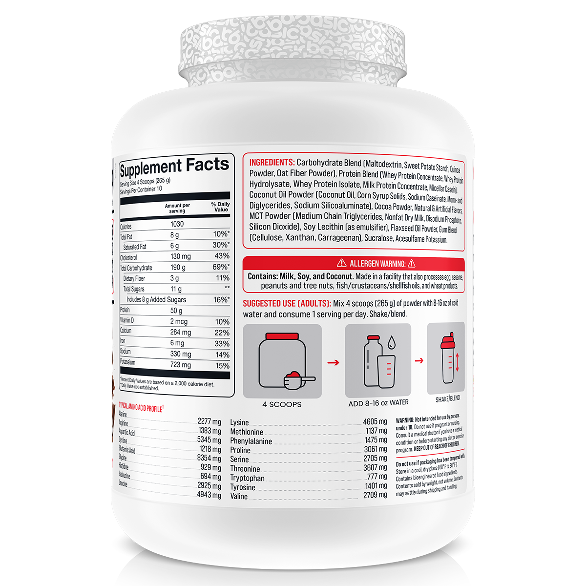 Basic Supplements Mass Gainer, Chocolate — side of pack