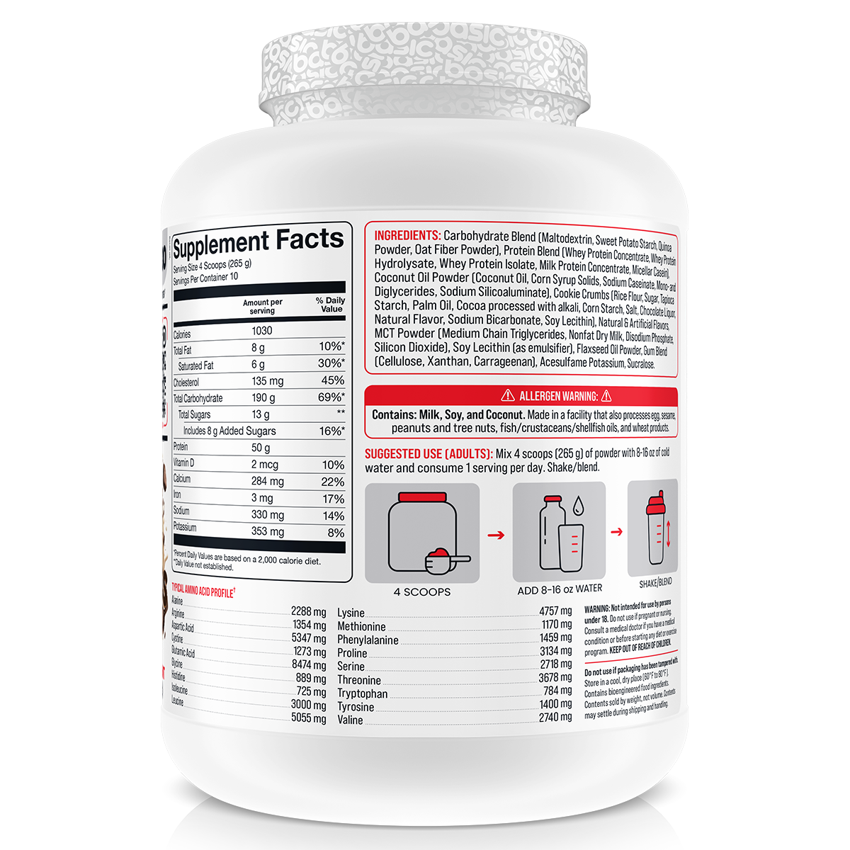Basic Supplements Mass Gainer, Cookie N Cream — side of pack
