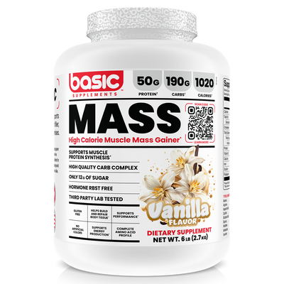 Basic Supplements Mass Gainer whey protein powder, Vanilla, 2.72kg, NZ Supps