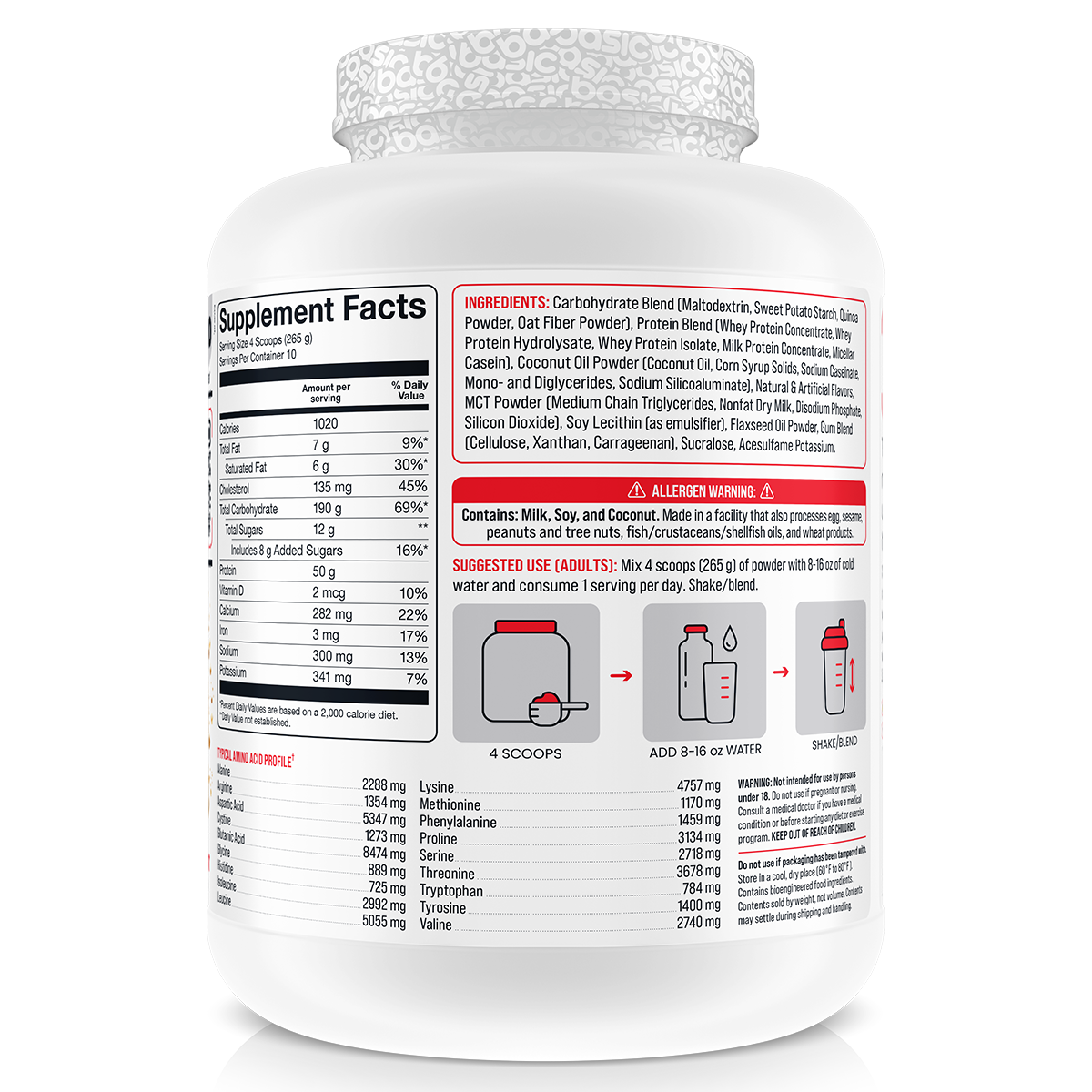 Basic Supplements Mass Gainer, Vanilla — side of pack