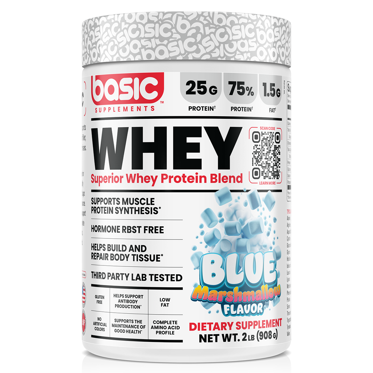 Basic Supplements Whey 2lb, Blue Mashmellow, 2lb 908g powder