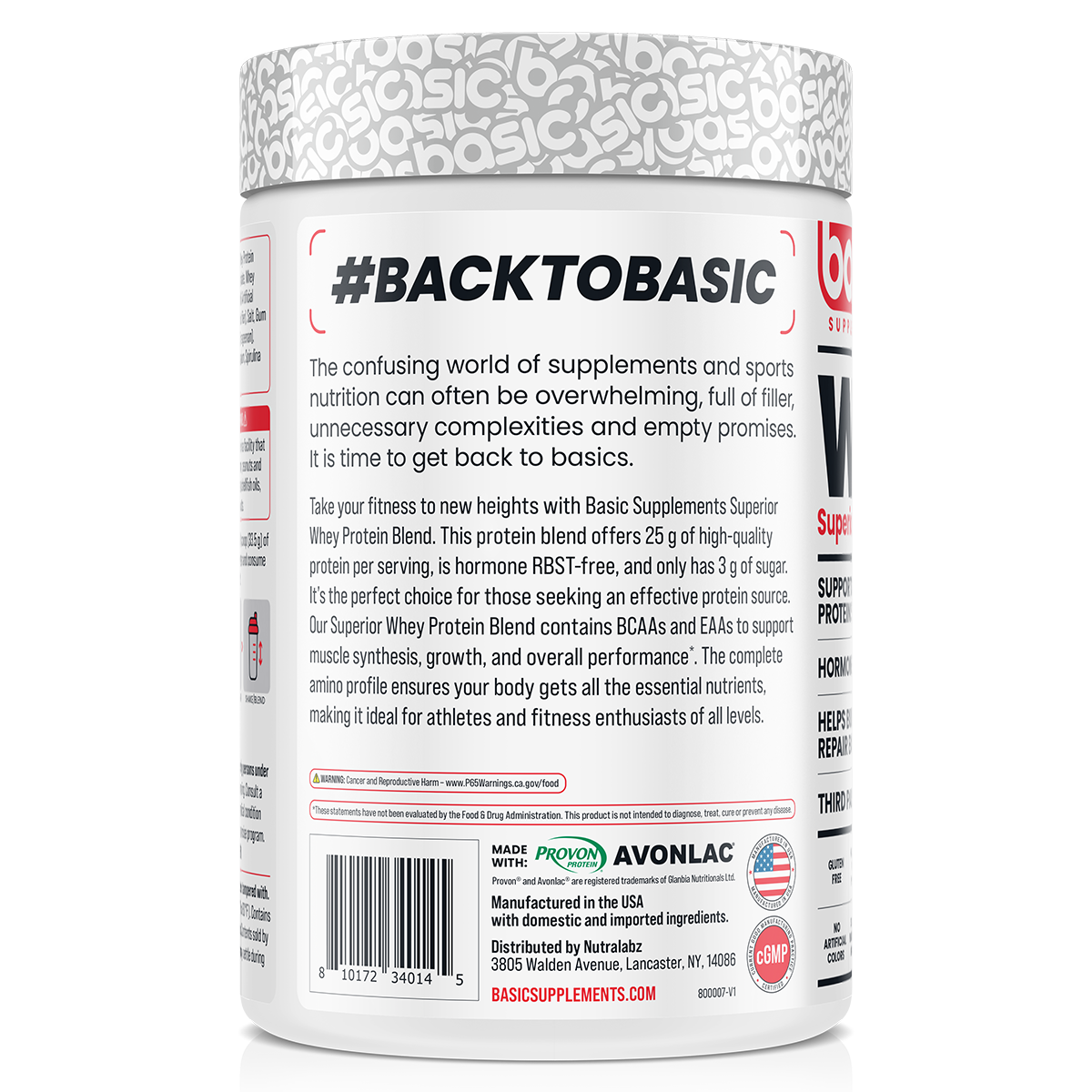 Basic Supplements Whey 2lb, Blue Mashmellow, 2lb 908g — side of pack