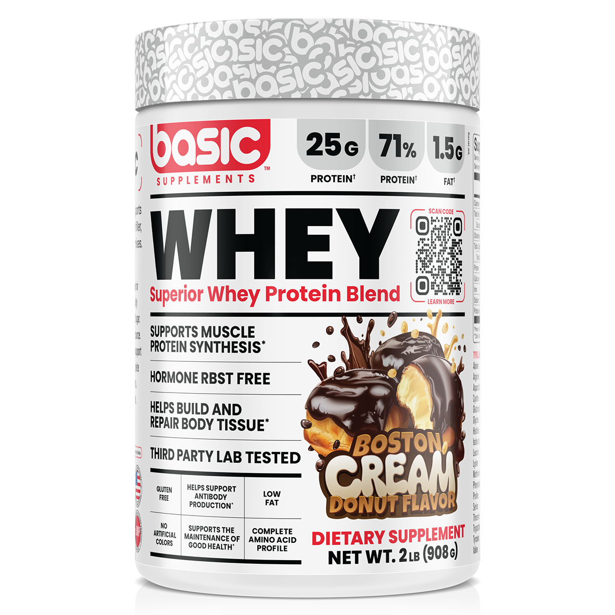 Basic Supplements Whey 2lb, Boston Cream Donut, 2lb 908g protein bar