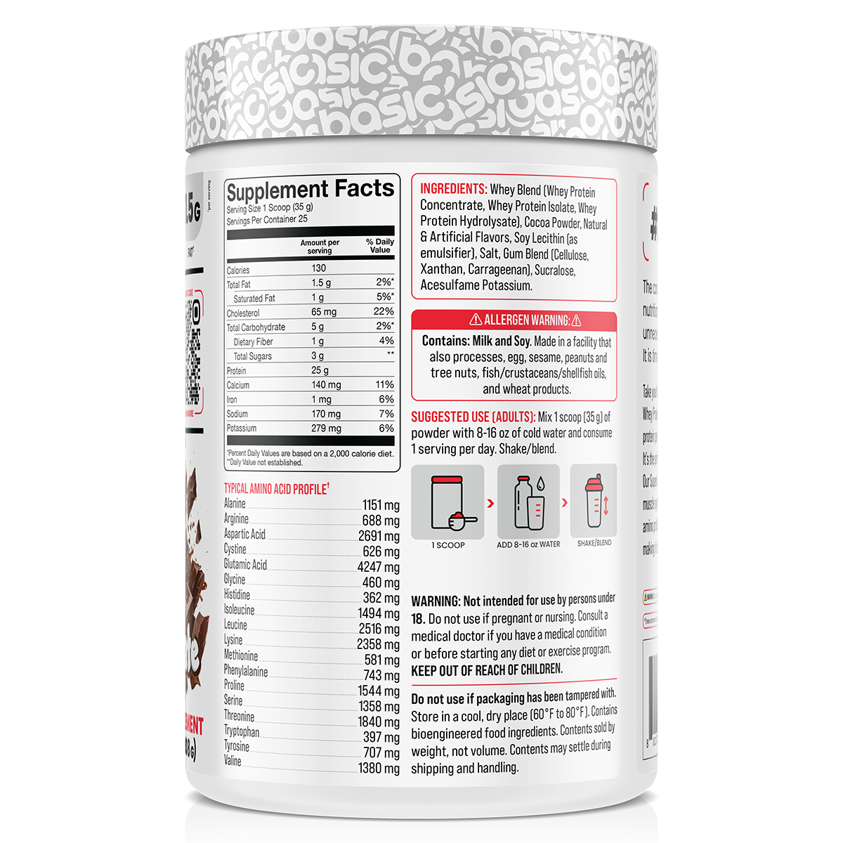 Basic Supplements Whey 2lb Chocolate supplement facts and nutrition panel