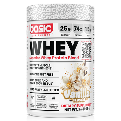Basic Supplements Whey 2lb whey protein powder, Vanilla, 908g, NZ Supps