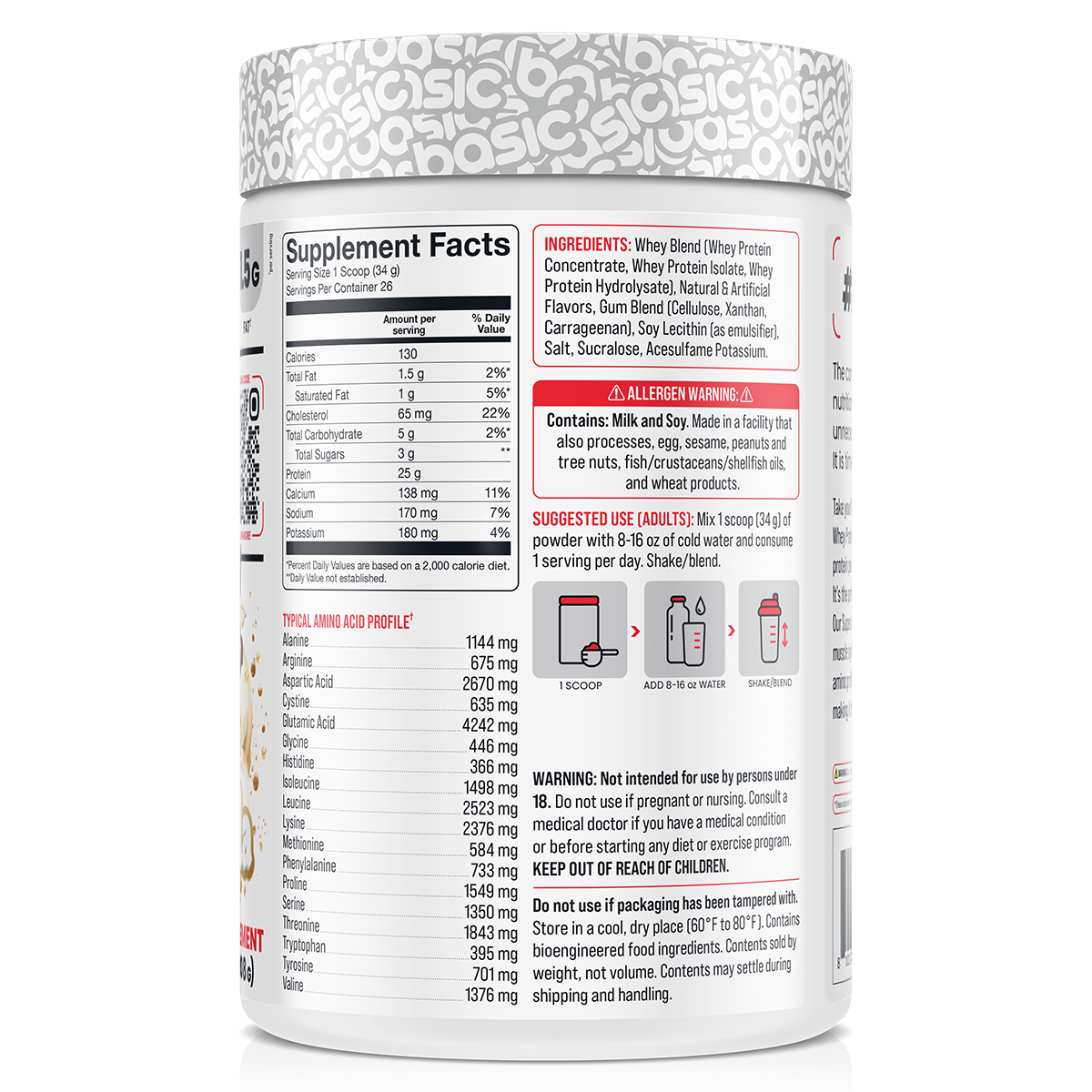Basic Supplements Whey 2lb Vanilla supplement facts and nutrition panel