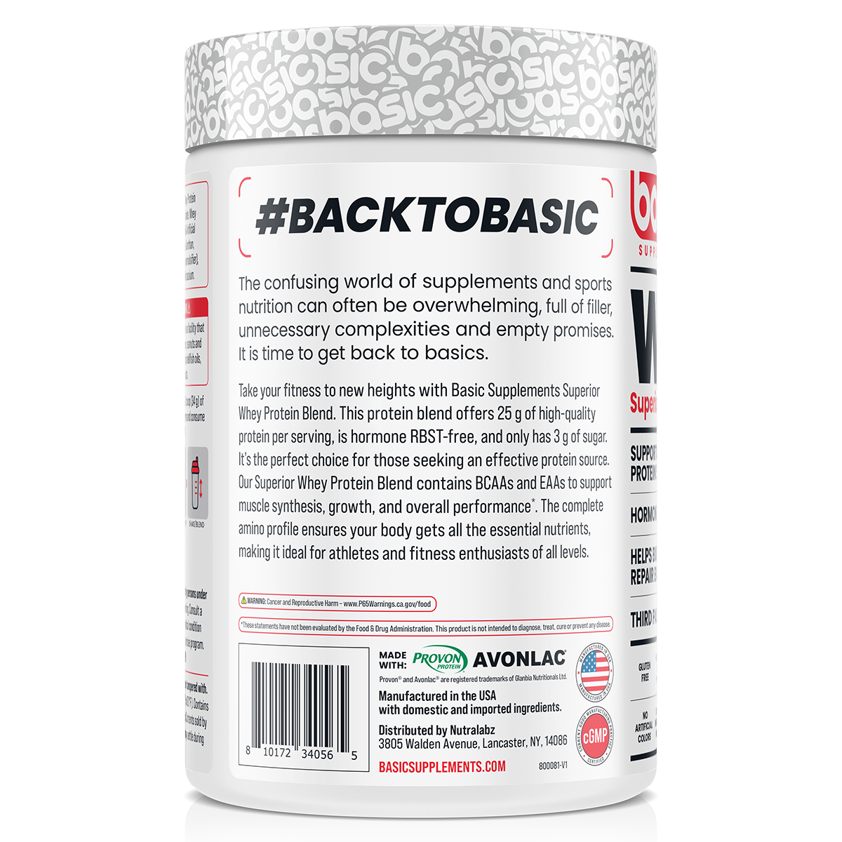 Basic Supplements Whey 2lb, Vanilla — side of pack