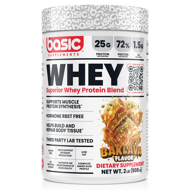 Basic Supplements Whey 2lb whey protein powder, Baklava New, 908g, NZ Supps
