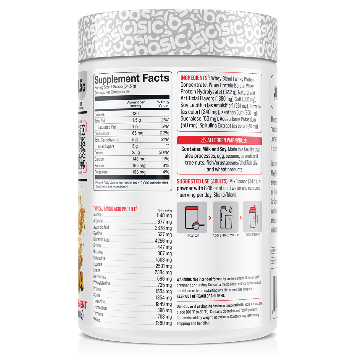 Basic Supplements Whey 2lb Boston Cream Donut supplement facts and nutrition panel