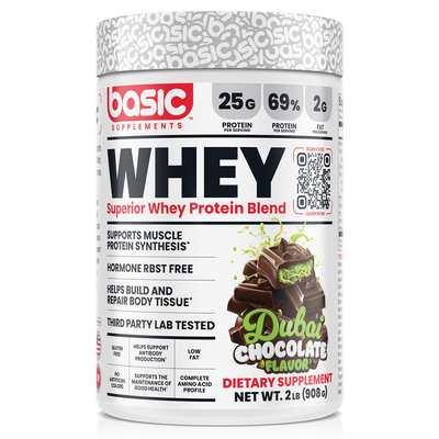 Basic Supplements Whey 2lb whey protein powder, Dubai Chocolate New, 908g, NZ Supps