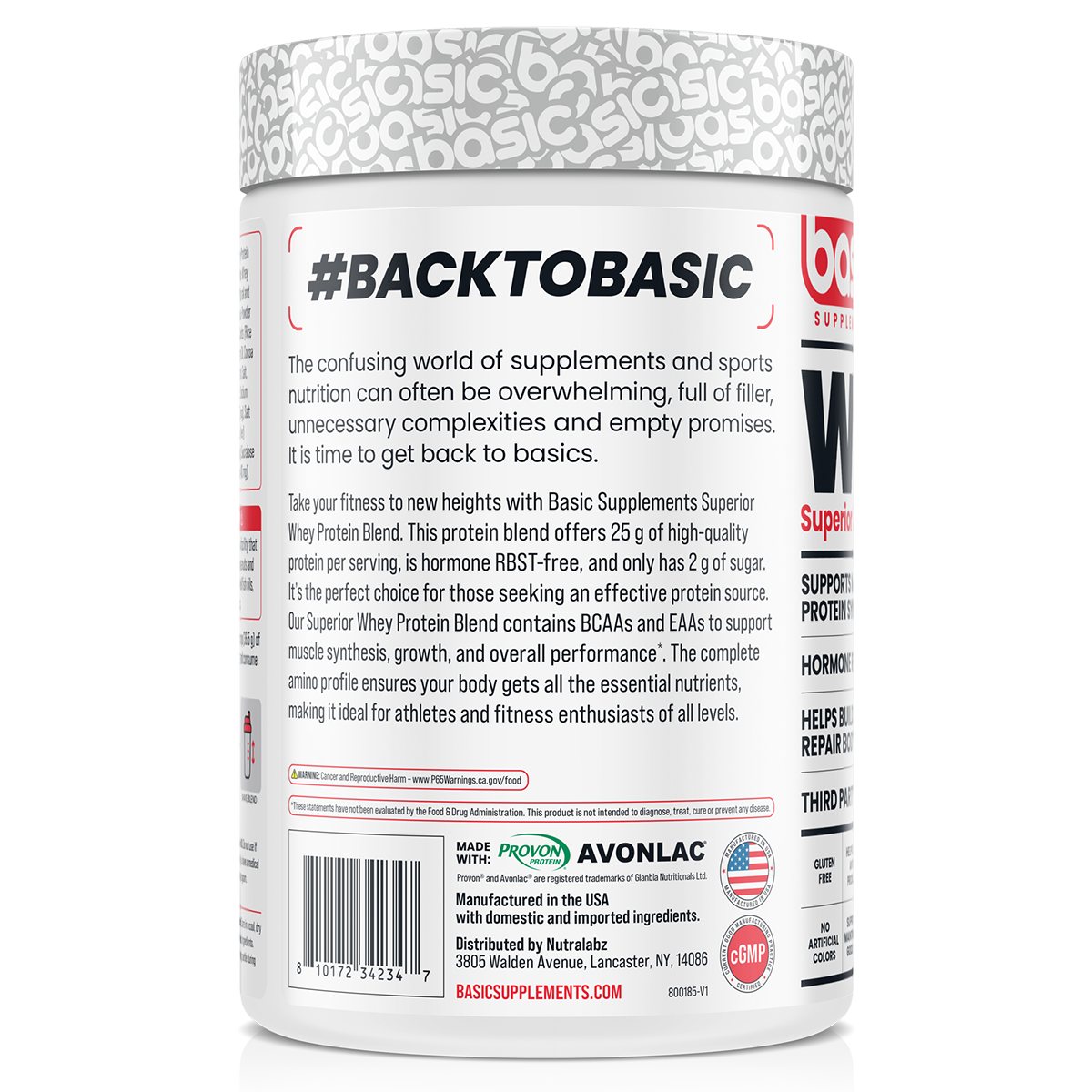 Basic Supplements Whey 2lb, Chocolate, 2lb 908g — side of pack