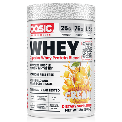Basic Supplements Whey 2lb whey protein powder, Mango Cream New, 908g, NZ Supps
