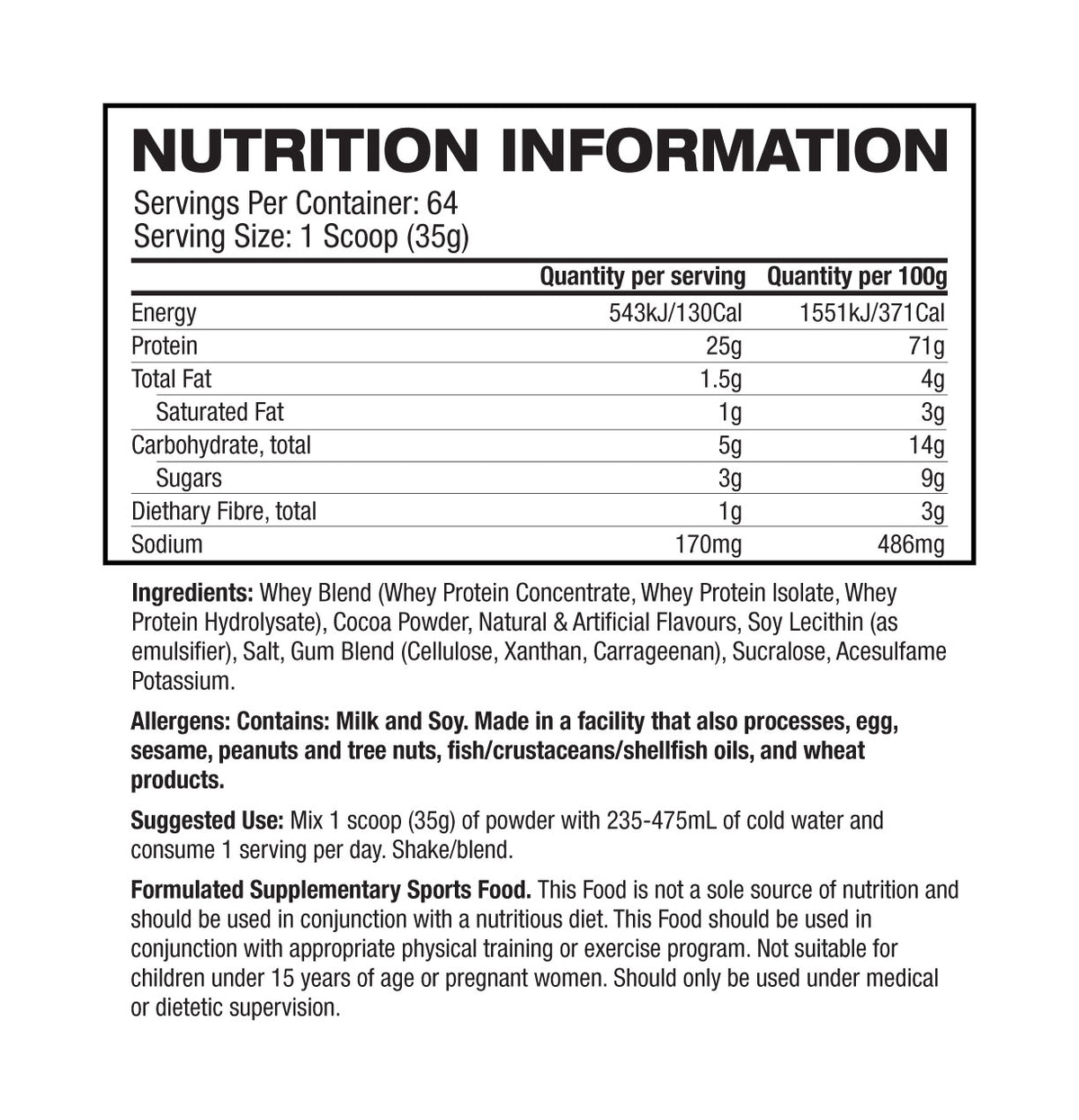 Basic Supplements Whey 2lb Chocolate supplement facts and nutrition panel