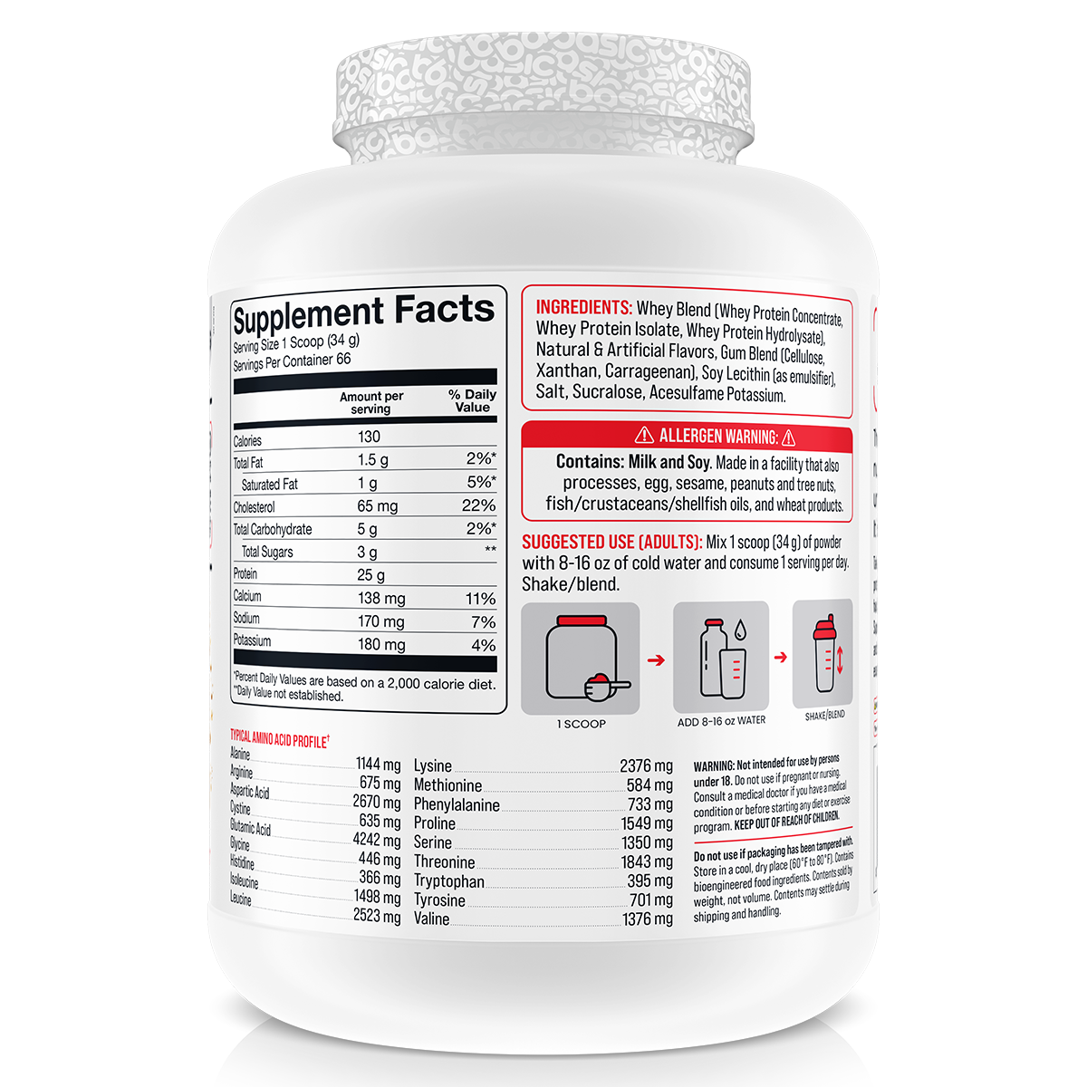 Basic Supplements Whey 2lb Vanilla supplement facts and nutrition panel