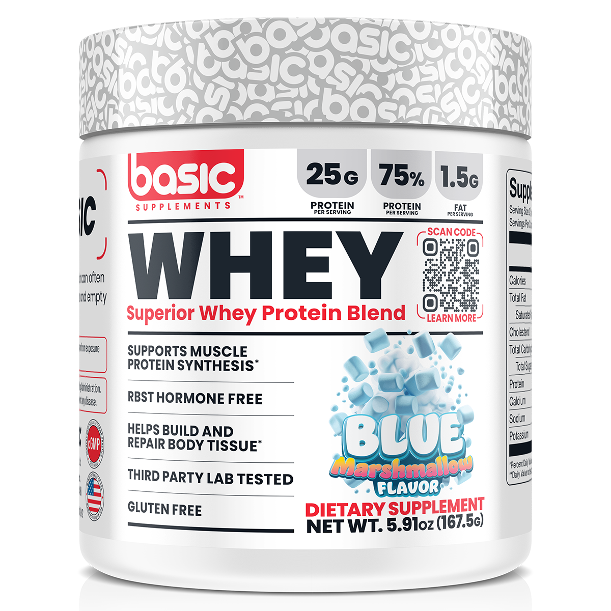 Basic Supplements Whey 2lb, Blue Mashmellow powder