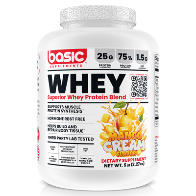 Basic Supplements Whey 2lb whey protein powder, Mango Cream New, 2.27kg, NZ Supps
