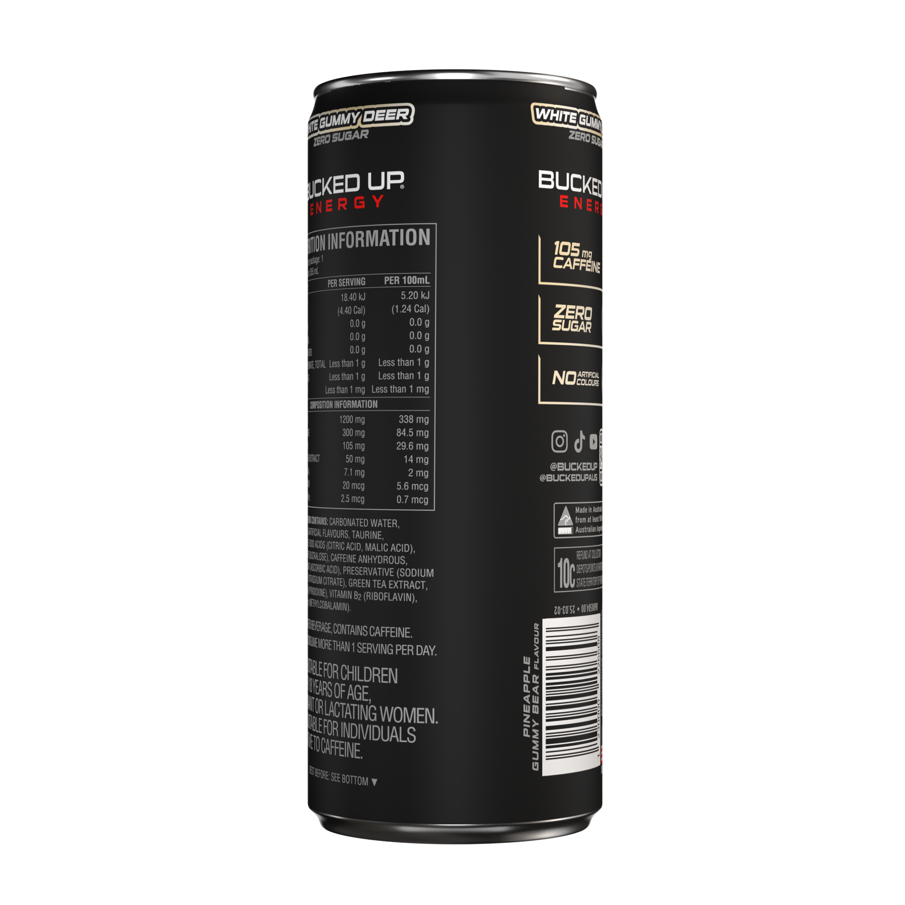 Bucked Up Bucked Up Energy white gummy nutrition panel